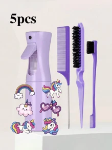 5pcs/Children's Cartoon Stickers Fashion Portable Girls (6.8 Ounces/200 Ml) Multifunctional Small High Pressure Continuous Mist Water Replenishing Spray Bottles, Travel Makeup Bottles, Split Hollow Fluffy Combs Hair Styling Tool