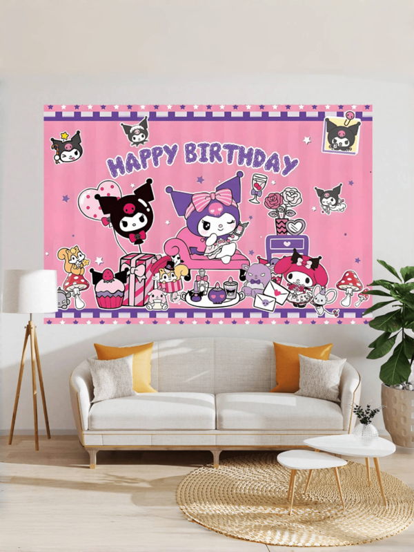 Sanrio Decoración del fondo para fiesta de cumpleaños con tema morado de Kuromi de Sanrio, telón de fondo de fotografía con personaje de dibujos animados, decoración de mesa de pastel de fiesta, pancarta horizontal de tela perfecta para decoración de pared de habitación de fiesta de cumpleaños, accesorios de cabina fotográfica de estudio de tela