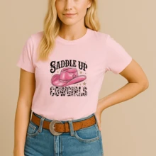 Camiseta Algodão Feminina Estamp Sadlle Up Cowgirls Blusa T-shirt Tecido Confortável Look Fashion - Rosa Bebê - Visão 1