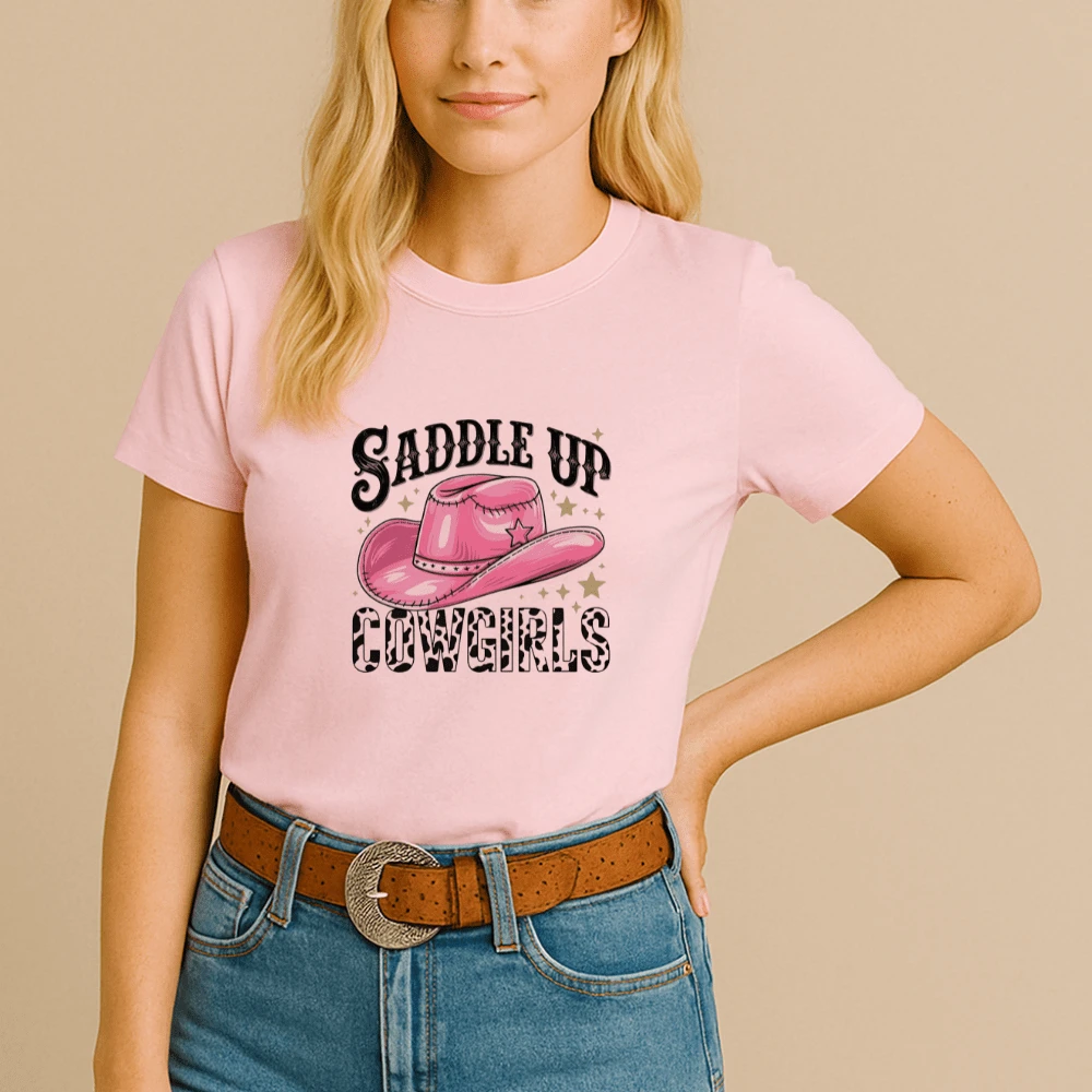 Camiseta Algodão Feminina Estamp Sadlle Up Cowgirls Blusa T-shirt Tecido Confortável Look Fashion - Rosa Bebê - Visão 1