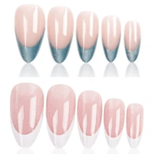 48pcs Medium Almond Classic Glitter French Style Cat Eye Simple Elegant Solid Color Bling Glossy Greenish Full Cover Fake Press On Nail Kit For Women And Girls Suitability Daily