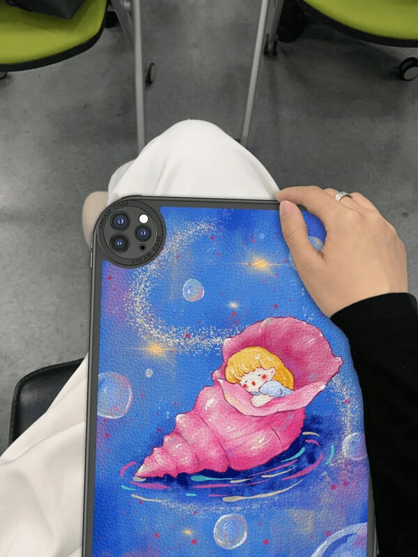 Shell 1pc Cute Mermaid Seashell Element Blue Deep Sea Interesting Illustration Cartoon Style Anti-Drop Tablet Case, Built-In 360 Degree Thick Anti-Drop Protection IPad 10th Gen 10.9" Tablet Cover, Portable Leather IPad 10.2" Tablet Protective Case