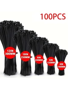 100pcs Self-Locking Adjustable Cable Ties - Assorted Sizes 300/250/200/150/100mm - Ideal For Home, Office, Garden And Workshop Cable Management, Suitable For Indoor And Outdoor Use Self-Locking Nylon Wraps