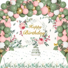 鼠尾草綠女性生日裝飾派對用品，花卉生日背景布，鼠尾草綠與粉色氣球花環套組，桌巾，婚禮裝飾鼠尾草綠腮紅紫金色氣球，適用花卉仙境主題嬰兒洗禮 - 粉綠桌布套 - 查看 1
