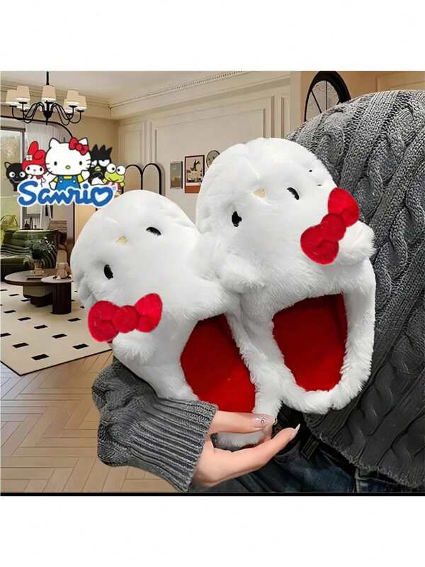 Sanrio Sanrio 1 Pair Of Kitty Plush Slippers - Cartoon Character Design, Soft Flannel Fabric And Lining, Non-Slip TPR Sole, Warm And Comfortable House Shoes, Cute Birthday Gift, Romantic Valentine's Day Gift.