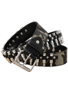 2025 Neue olivgrüne Camouflage Gürtel für Unisex - Patronen-Kopf-Deko & Nieten Punk Rock Heavy Metal Y2K Taktischer Gürtel - Outdoor Hip Hop Jeans Accessoire mit asymmetrischem Muster Sommer, Schule