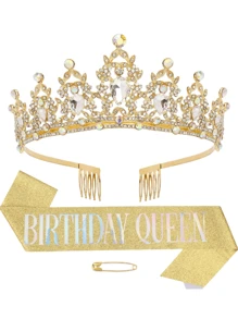 2pcs/Set Baroque Style Rhinestone Zinc Alloy Birthday Crown + Sash Suit, Suitable For Birthday Party, Birthday Queen Tiara Headpiece + Shoulder Strap Accessory