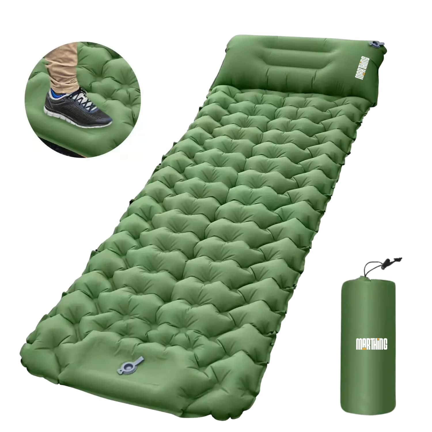 Colchon Inflable Individual Personal Acampar Marthing CIIND Cama Inflable Portatil Guardado Compacto Facil de Usar Inflado Rapido con el Pie Colchon Ideal para Acampar Exterior y Jardin Camping - Verde - Ver 1