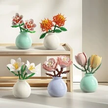 120+ 件迷你花朵积木套装，DIY 组装，逼真的花卉装饰，适合送给朋友、生日、情人节、婚礼的创意礼物 - 花瓶款 - 查看 6