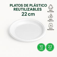 10 pcs Platos de Plástico Reutilizables 22 cm – 1 Paquete (10 uds) | Resistentes, Antideslizantes y 100% Reciclables - Blanco - Ver 1