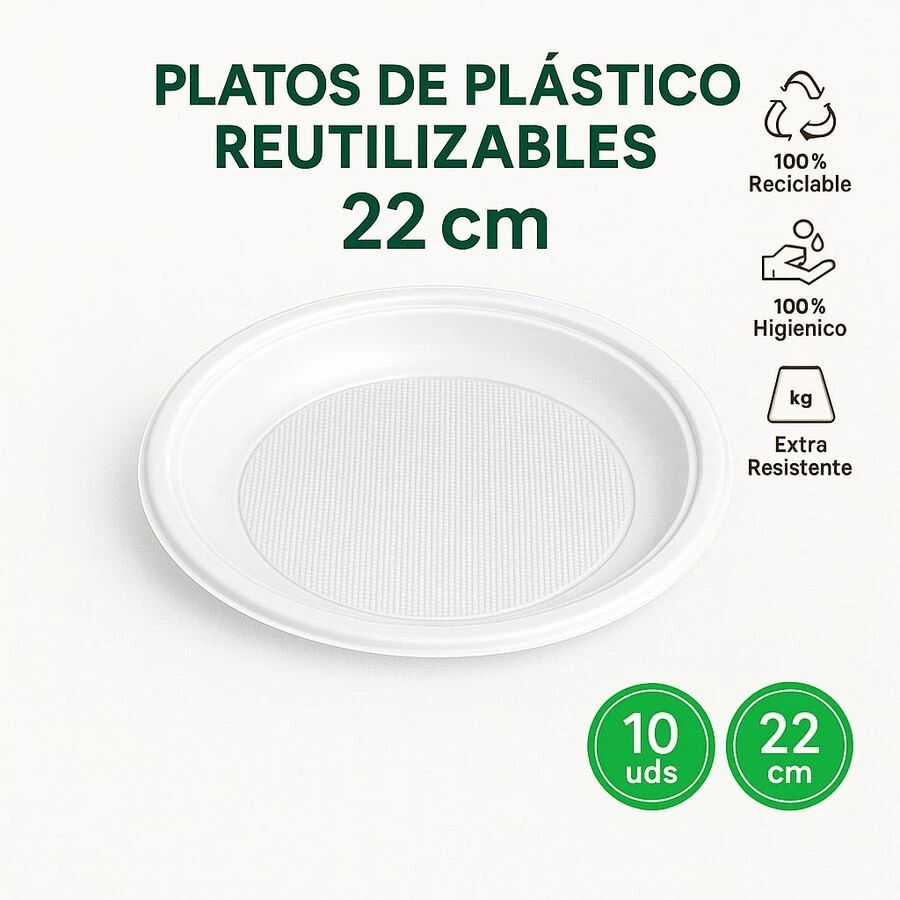 10 pcs Platos de Plástico Reutilizables 22 cm – 1 Paquete (10 uds) | Resistentes, Antideslizantes y 100% Reciclables - Blanco - Ver 1