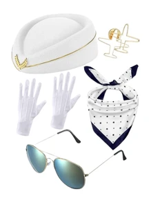 5 pièces Accessoires de costume d'hôtesse de l'air pour femmes, tenues d'hôtesse de l'air, chapeau, lunettes de soleil, foulard, gants pour Halloween