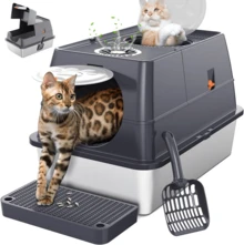 XL Large Covered Stainless Steel Cat Litter Box With Lid - High - Sided, Hooded Enclosure Featuring Front Entry & Top Exit, Built - In Steps, Scoop Included Easy To Clean With Superior Odor Control - màu đen - Xem 10