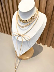 Choker Necklace With Bow Tie And Gold Cowtry Chain And Suede Boho Tie - BEIGE - View 2
