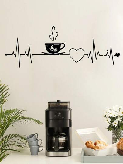 1 件咖啡杯和心形图案墙贴，PVC 自粘墙贴艺术贴花，用于家居装饰，贴纸，墙贴，乙烯基贴花，用于家居装饰，春季装饰品让您的家焕然一新，节日装饰贴纸礼物生日毕业