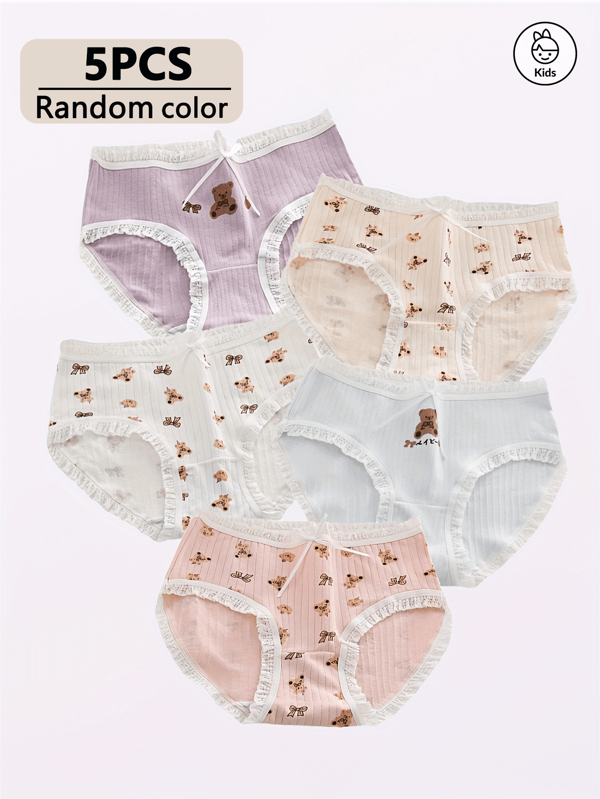 MultiLuv 5 pièces/Set Culottes mignonnes et adorables avec imprimé ours de dessin animé pour filles, bordure de dentelle plissée, respirantes et confortables, couleurs aléatoires
