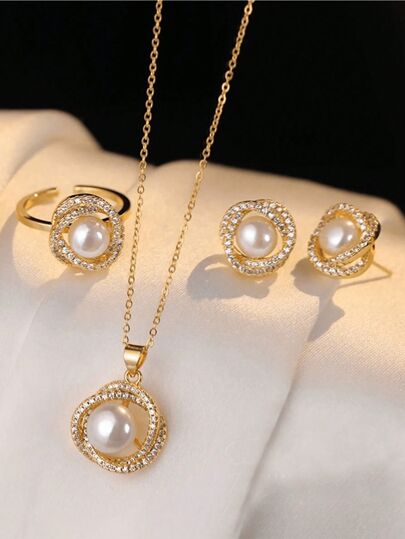 4pcs/Set Elegant Pearl Necklace, Earrings And Ring Set, Fashionable Minimalist Layered Collarbone Chains