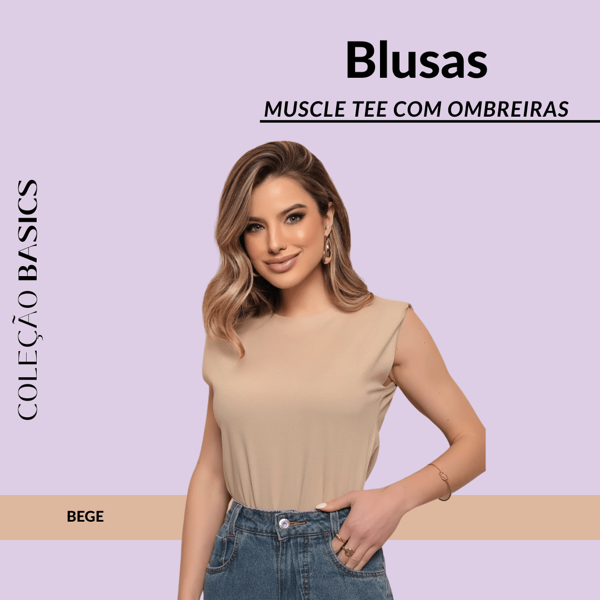Blusa Feminina Camiseta Muscle Tee em malha 100% Algodão Premium- com Ombreira regata Marrom Preta Caqui Creme Branca
