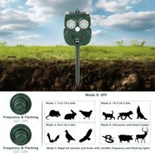 Répulsif animal à ultrasons, répulsif animal extérieur alimenté par énergie solaire avec lampe de poche LED et détecteur de mouvement, panneau solaire rechargeable, câble de charge USB, repousse efficacement les animaux envahissants comme les rats, les mouffettes, les renards, les lapins, les hiboux, les ratons laveurs et autres nuisibles. Le haut-parleur à ultrasons émet un bruit pour éloigner les écureuils, les cerfs, les ratons laveurs, les lapins, les chats, les chiens, les mouffettes et les renards des fermes et des jardins.