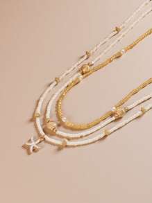 3pcs Set Elegant Starfish Beaded Necklace, Fashion Jewelry For Women, Ideal For Beach Vacation, A Great Gift For Friends