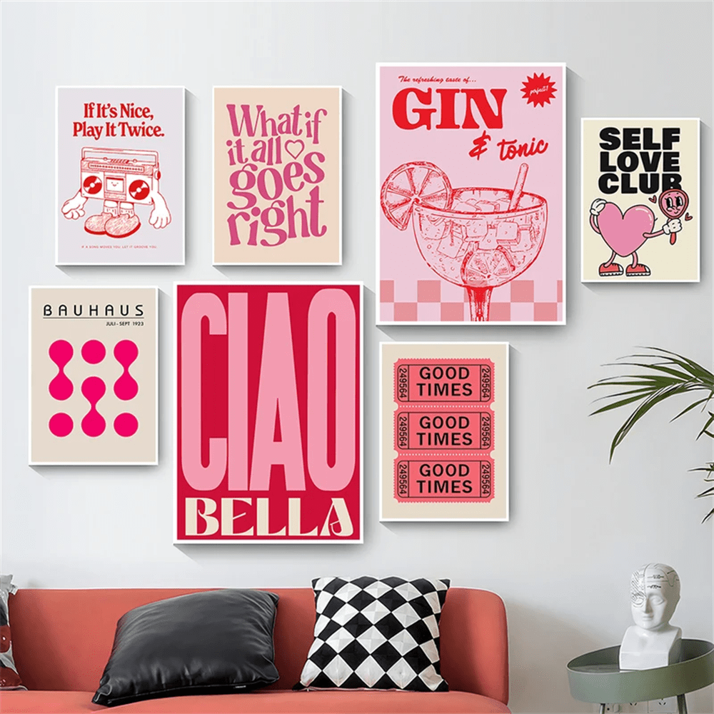 1 pieza Póster de lienzo con impresión de dibujos animados vintage rosa de simplicidad, arte de pared, póster decoración del hogar, impresión de lienzo, pintura para sala de estar o dormitorio, sin marco