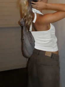 Women Petite Simple Solid White Spaghetti Strap Tie Strap Camisole Top - White - View 4