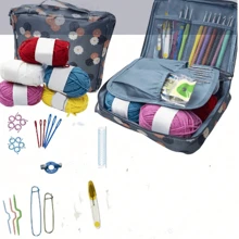 Conjunto de Lã e Crochê para Iniciantes, Kit de Crochê com Gancho Ergonômico de Empunhadura Macia e Sacola Azul com Flor, Ferramenta de Aprendizado Presente para Mulheres (Acessórios em Cores Aleatórias)