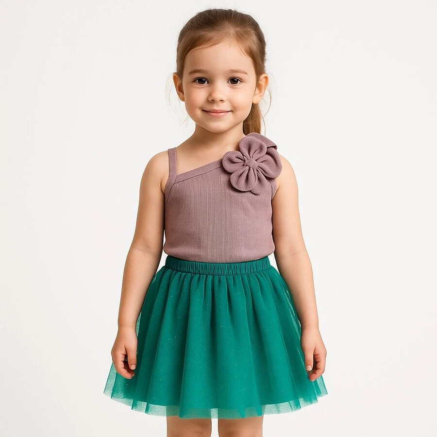 Saia Verde Rodada Tule Brilho Infantil Menina Diva