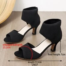 Wide Width Plus Size Women Sandals, Knitted Breathable Fabric Mid Heel Sandals, Fashionable Open Toe Elastic Chunky Heel Sandals, Match-All Backless Outdoor Sandals, Black High Heel Shoes