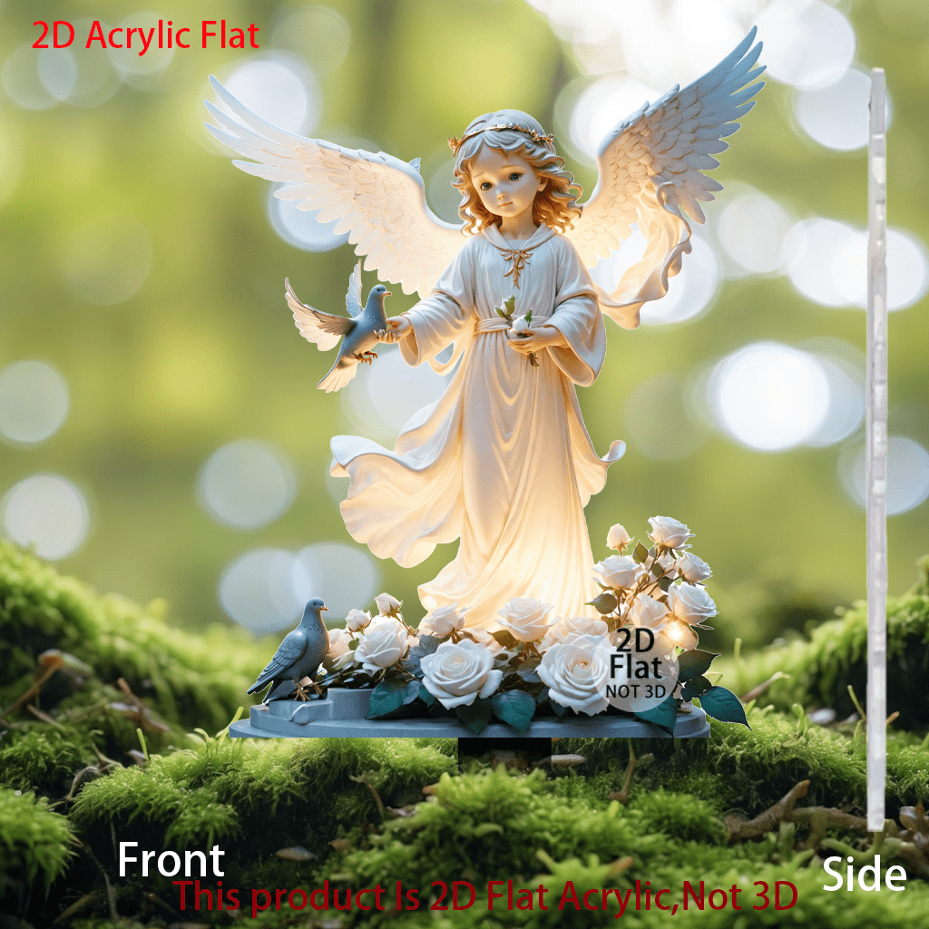 1 pieza Decoración multifuncional de acrílico 2D, placa conmemorativa con ángel y flor, regalo conmemorativo, adecuado para decoración artística de cementerio, decoración de jardín y patio exterior, decoración de plantas de interior, estaca para césped, sin necesidad de electricidad