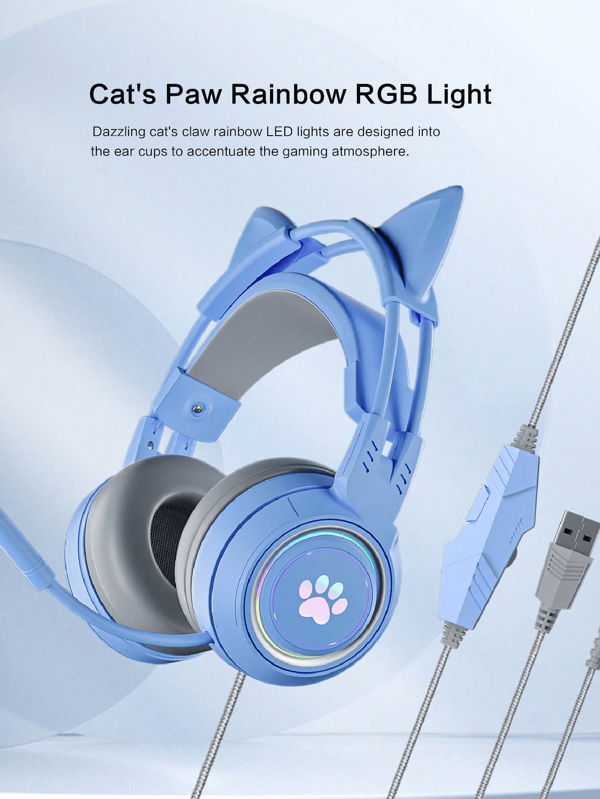 Reletech سماعة الألعاب الإلكترونية من نوع "SY-G25" بأذن القطة ذات الضوء القلبي، بتأثير الإضاءة الملون RGB باللون الأزرق وتأثير إضاءة مخلب القطة الملونة RGB، مع ميكروفون قابل للتعديل، اتصال ثنائي الوضع USB/3.5مم، شامل للألعاب الكمبيوتر/البث المباشر/الكاريوكي، تُباع مع علبة هدية