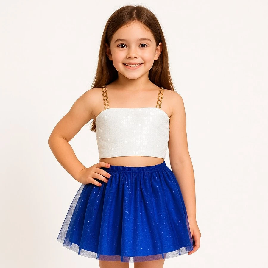 Saia Azul Royal Rodada Tule Com Brilho Infantil Menina Diva