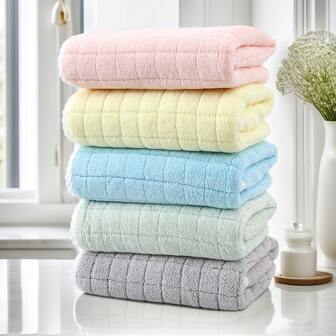 5 Pieces Plaid Coral Fleece Towel Set, Thickened Version, Exquisite Lace, Lightweight, Quick-Drying, High Absorbency, Soft Home Towel Set, Suitable For Bathroom, Bathroom Decoration, Hotel, Party, Beach, Travel, Sports, Gifts, Swimming Pool, Salon, Outdoor, Gym, Summer, Home