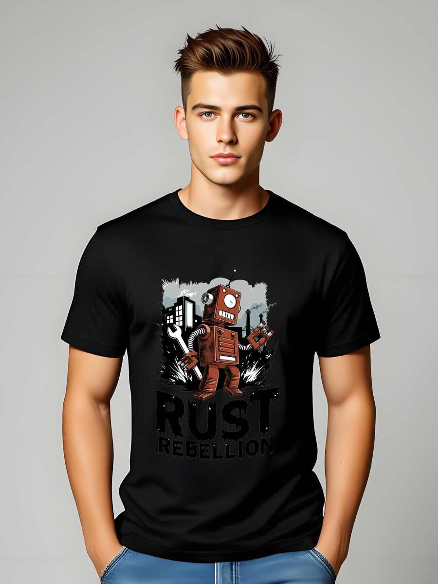 Rust Rebellion Robot T-Shirt - Urban Graphic Tee For Casual Style - Black - View 1