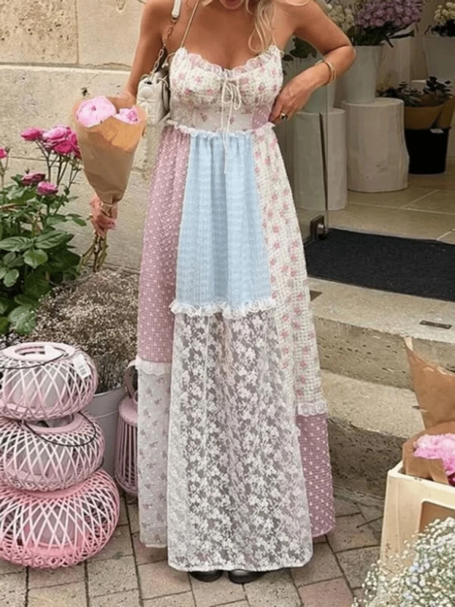 Boho Maxi Dresses For Women Summer Backless Cami Long Dress Vintage Floral Printed Lace Patchwork Spaghtti Strap Dress Color Block Flowy A-Line Casual Sundress Beach Vacation Dresses Clothes Outfit - Nhiều màu - Xem 1