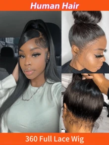 隐形抽绳360度全蕾丝假发，长直发真人发假发，隐藏式可调节绑带，150%密度，透明蕾丝前额假发，预先拔毛，带婴儿发，自然黑色，18-36英寸，女士圣诞礼物，新年派对假发，节日假发，节日风格 - SNatural - 查看 2