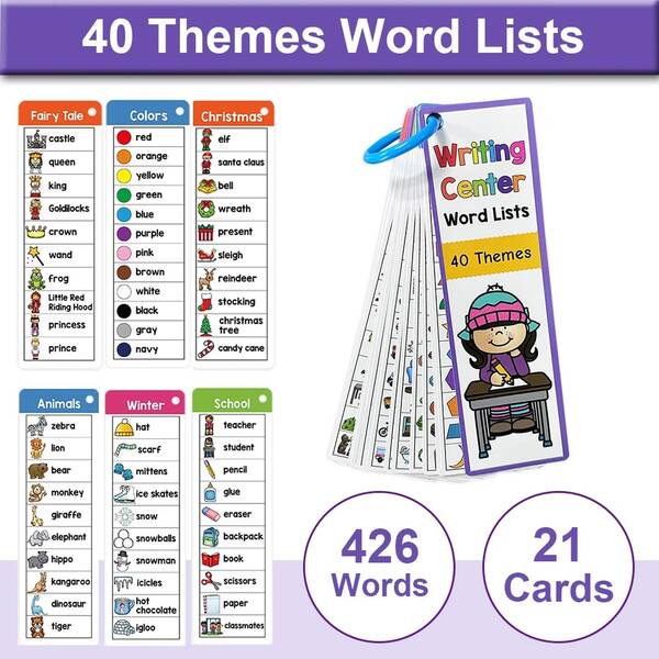 Lachilly 40 Temas Tarjetas de Listas de Palabras para Centro de Escritura, Tarjetas de Aprendizaje de Vocabulario en Inglés para Niños, Tarjetas Didácticas de Lectura y Alfabetización para Niños, Suministros de Aprendizaje de Vocabulario en Inglés para Escuela en Casa, Ayudas Didácticas para Maestros