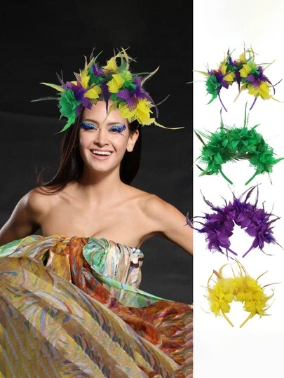 1 Băng đô hoa giả và lông vũ, trang phục cho tiệc Halloween, đám cưới, biểu diễn, phong cách cổ điển