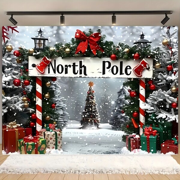 1 قطعة لافتة خلفية احتفالية بالميلاد، هدايا قطب الشمال وشجرة الميلاد، مناسبة لديكور حفلة الميلاد، ديكور الحديقة، ديكور الجدران، ديكور المنزل، ديكور داخلي/خارجي، خلفية للتصوير
