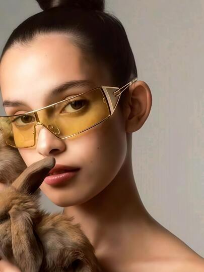 1pc Solid Color Casual Vintage Copper Alloy Y2K 2000s Style Metal Hinge Retro 90s High-Tech Square Frame Tinted Lens Glasses, Fashion Accessory For Driving, Holiday