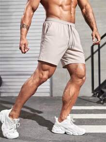 Khaki Casual Shorts Men Drawstring Regular Fit Flat Front Pants, Lightweight Sports Shorts, Running Sweatpants, Perfect Gift For Joggers