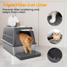 XL Large Covered Stainless Steel Cat Litter Box With Lid - High - Sided, Hooded Enclosure Featuring Front Entry & Top Exit, Built - In Steps, Scoop Included Easy To Clean With Superior Odor Control - màu đen - Xem 5