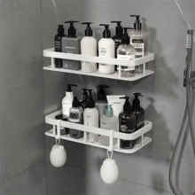1pc/2pcs Wall Mounted Shower Rack, Thickened Large Capacity, Durable Plastic, No Drilling Required For Installation, Stick-On Bathroom Shower Rack, Floating Shelf For Bathroom And Kitchen, Storage Rack, Space Saving, Easy To Install, For Storing Toiletries, Cosmetics And Sundries, Toilet, Restroom, Dressing Table, Shower Room