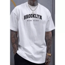 Camiseta Masculina de Gola Redonda com Estampa BROOKLYN NEW YORK - Confortável e Respirável para o Verão 100 % Algodão 30.1 Ombro a Ombro. - Branco - Visão 2