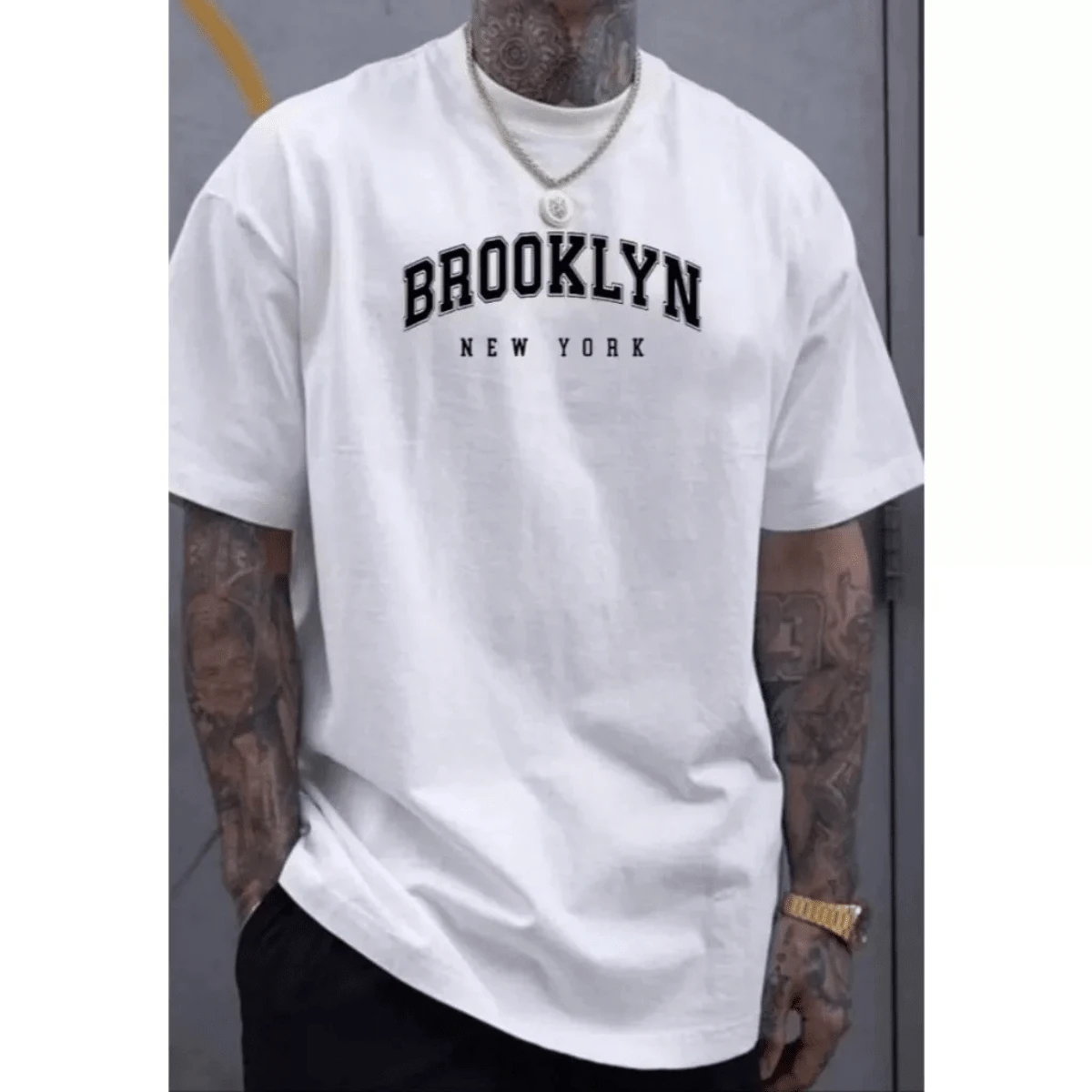 Camiseta Masculina de Gola Redonda com Estampa BROOKLYN NEW YORK - Confortável e Respirável para o Verão 100 % Algodão 30.1 Ombro a Ombro.