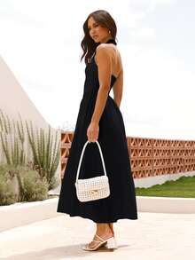 Nowość Sukienka z kwadratowym kołnierzykiem i ściągaczem w talii, z odkrytymi plecami dla kobiet