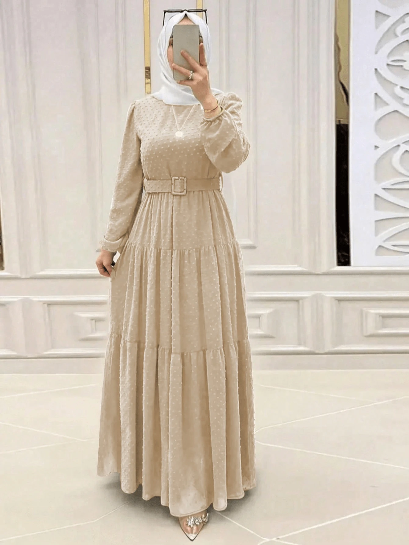 New Plus Women's Fashion Bow Tie Belt Long Sleeve Dress Arabic Clothing