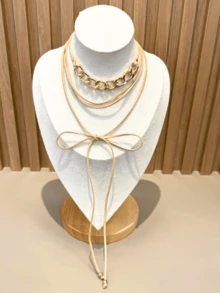 Choker Necklace With Bow Tie And Gold Cowtry Chain And Suede Boho Tie - BEIGE - View 3