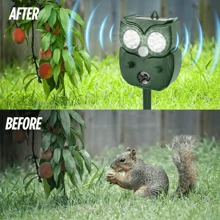Répulsif animal à ultrasons, répulsif animal extérieur alimenté par énergie solaire avec lampe de poche LED et détecteur de mouvement, panneau solaire rechargeable, câble de charge USB, repousse efficacement les animaux envahissants comme les rats, les mouffettes, les renards, les lapins, les hiboux, les ratons laveurs et autres nuisibles. Le haut-parleur à ultrasons émet un bruit pour éloigner les écureuils, les cerfs, les ratons laveurs, les lapins, les chats, les chiens, les mouffettes et les renards des fermes et des jardins.