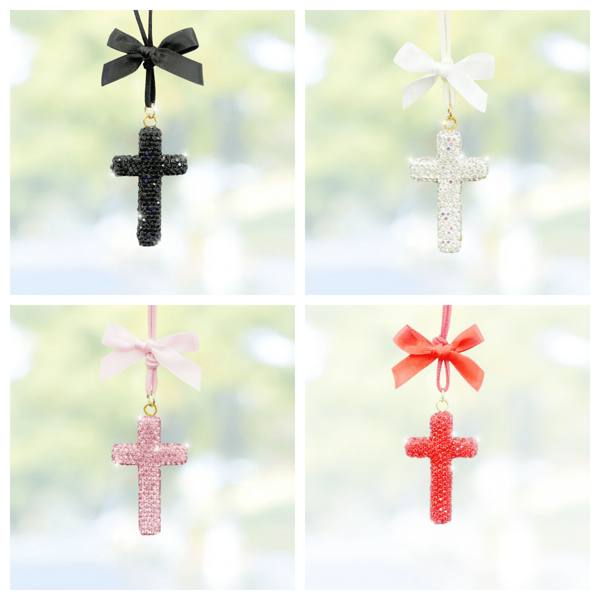 Ornamento da appendere allo specchietto retrovisore dell'auto con decorazioni scintillanti a forma di croce e fiocco, elegante e decorativo